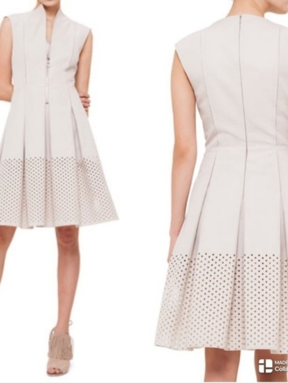 Akris Cream Laser-Cut Midi Dress with Tassel Zip. Size 6